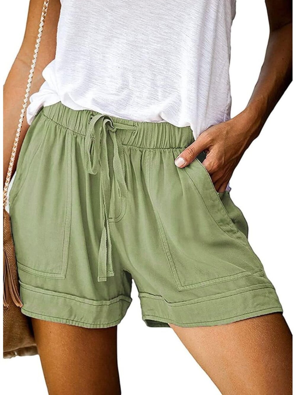 〽️Women's Casual Shorts Light Green Drawstring Waist Lightweight with Pockets
